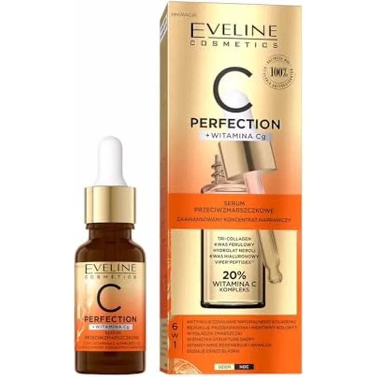 Eveline Cosmetics C Perfection Serum gegen Falten mit Vitamin C, 18 ml, für jeden Hauttyp, antioxidativ und feuchtigkeitsspendend