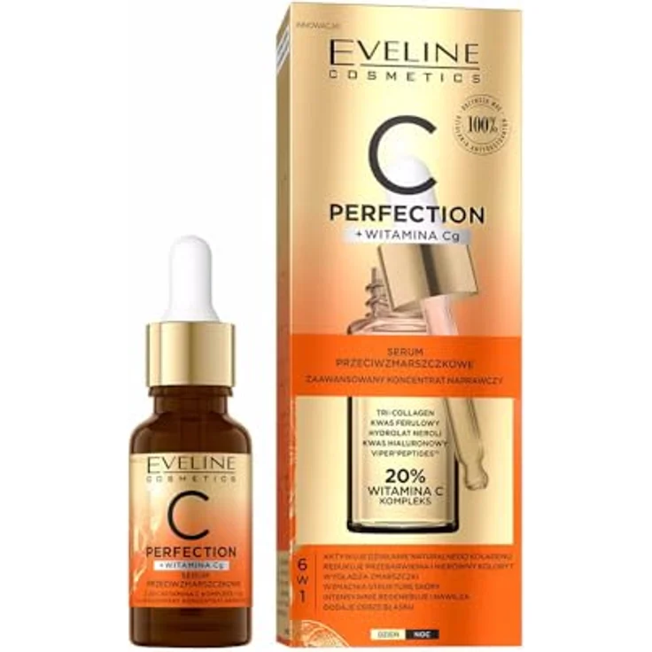 Eveline Cosmetics C Perfection Serum gegen Falten mit Vitamin C, 18 ml, für jeden Hauttyp, antioxidativ und feuchtigkeitsspendend – Bild 1