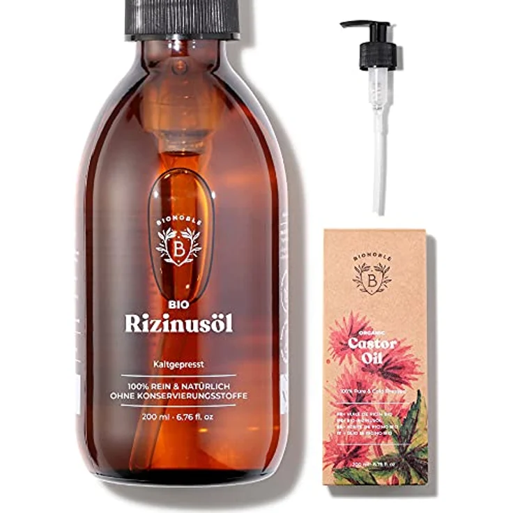 Bionoble Rizinusöl Bio 200ml - 100% Rein, Natürlich und Kaltgepresst - Wimpern, Augenbrauen, Haare, Bart, Nägel - Vegan und Cruelty Free - Castor Oil - Glasflasche + Pumpe – Bild 1