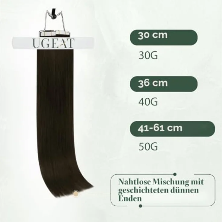 Ugeat Tape Extensions Echthaar Braun 50 cm, 50G, 20 Stück, Unsichtbar und Remy-Echthaar – Bild 2