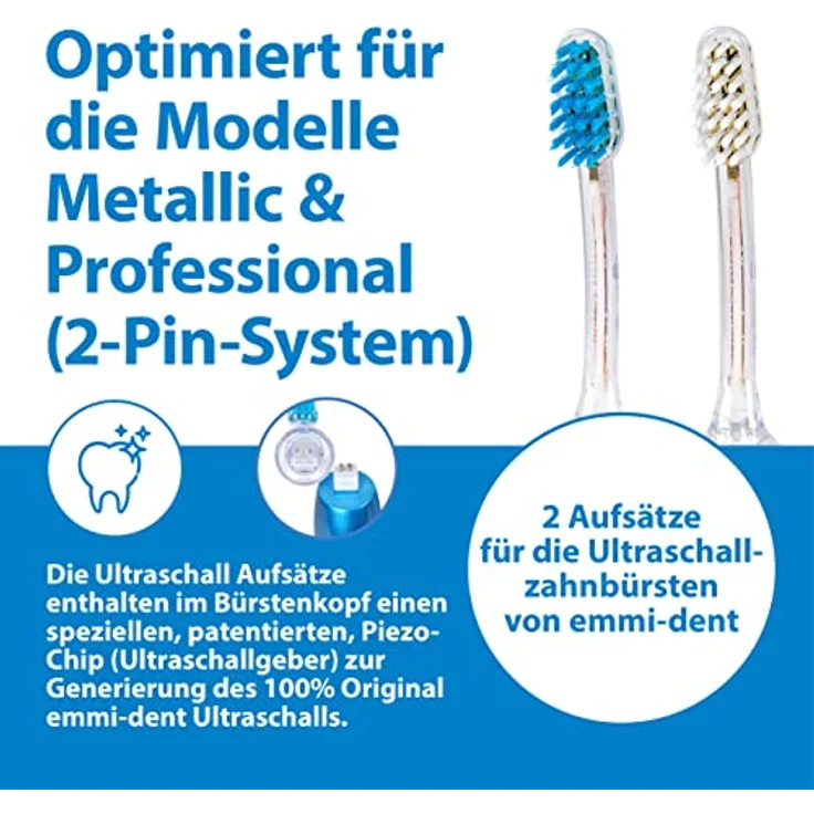 Emmi-dent 2x Zahnbürstenaufsatz E2 Wave, Ultraschall-Ersatzbürsten für ungerade Zähne, 1x Blau + 1x Weiß, für Metallic- & Professional-Serie – Bild 3