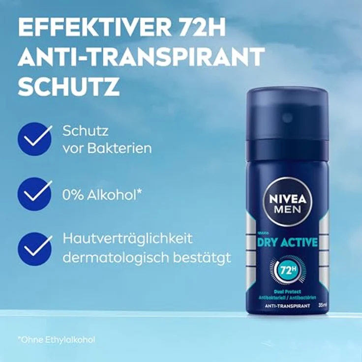 NIVEA MEN Dry Active Deo Spray, 72h Anti-Transpirant-Schutz, antibakteriell, ohne Ethylalkohol, Reisegröße 35 ml – Bild 2