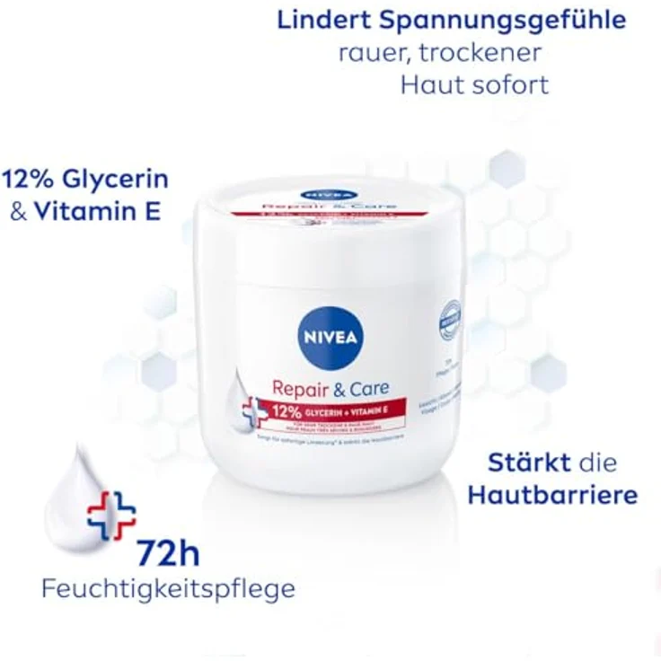 NIVEA Repair & Care Creme, feuchtigkeitsspendende & nicht fettende Körpercreme, schnell einziehende Lotion mit Vitamin E & Glycerin, für sehr trockene & raue Haut (400 ml) – Bild 2