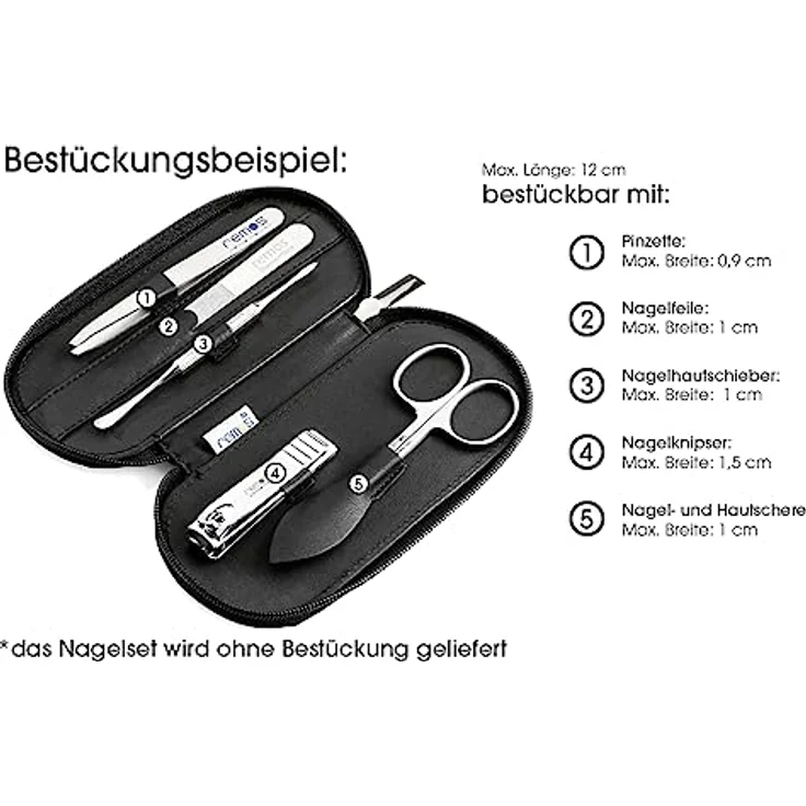 REMOS Nageletui leer aus echtem Leder, zum Bestücken mit 5 Instrumenten, schwarz - elegantes Reiseset für Maniküre und Pediküre – Bild 5