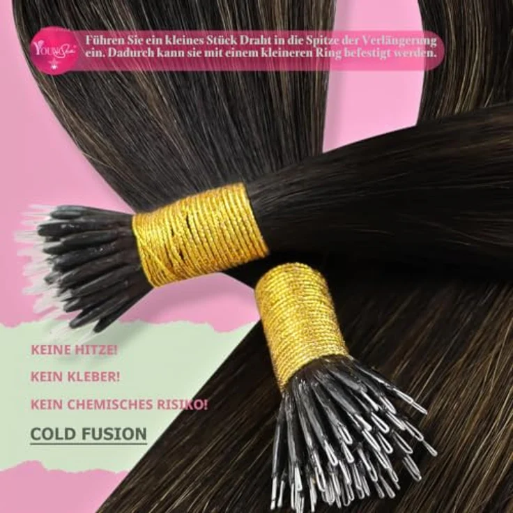 YoungSee Nanoring Echthaar Extensions 55cm, Dunkelbraun Ombre, unsichtbare, wiederverwendbare Haarverlängerungen für feines Haar, 50g – Bild 4