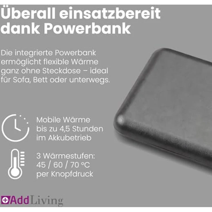 Addliving Sitz-Heizkissen, kabellos mit 5000 mAh Powerbank, USB-C, Infrarot-Wärme, 3 Temperaturstufen (45°C, 60°C, 70°C), 43 x 31 cm – Bild 3