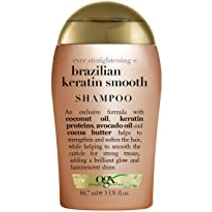 OGX Brazilian Keratin Smooth Shampoo (88 ml), glättendes Haarpflege Shampoo mit brasilianischem Kokosnussöl, Avocadoöl, Kokosnussbutter und Keratin Proteinen, sulfatfrei