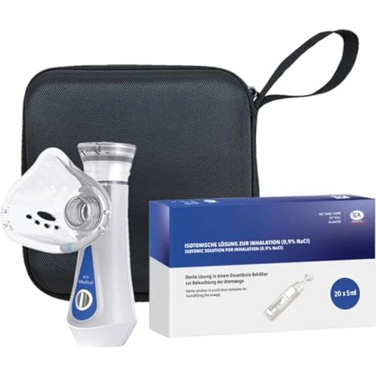 IEA Medical Inhalator Set, tragbarer Vernebler mit Hardcase und 20×5 ml Kochsalzlösung 0,9% NaCl, mikrovernebelung, USB-C aufladbar, sterile isotonische Lösung