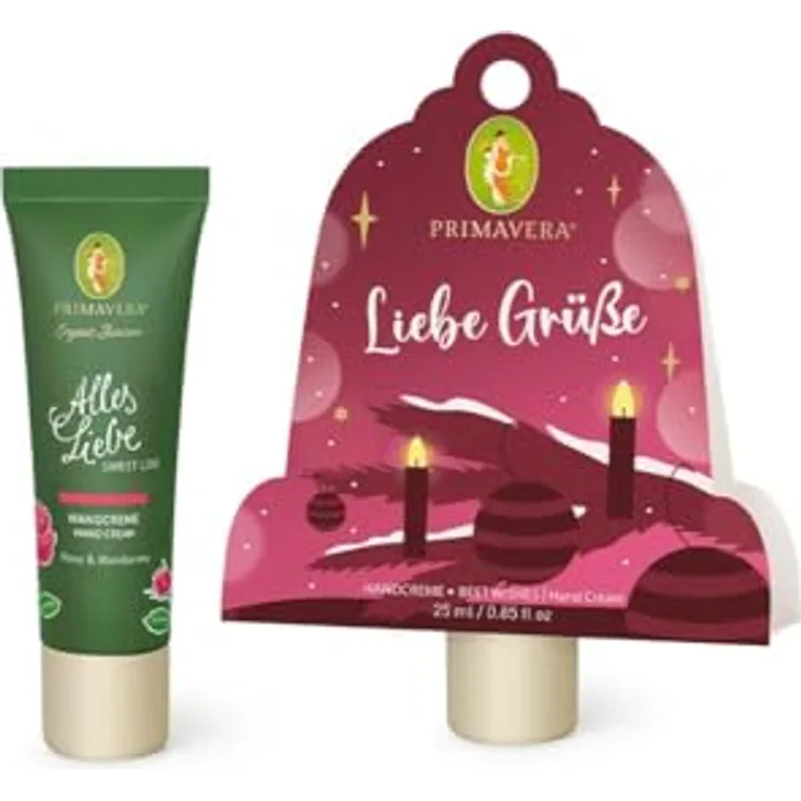 PRIMAVERA Geschenkanhänger Liebe Grüße - Mini Alles Liebe Handcreme mit bio Rose und bio Mandarine, vegan