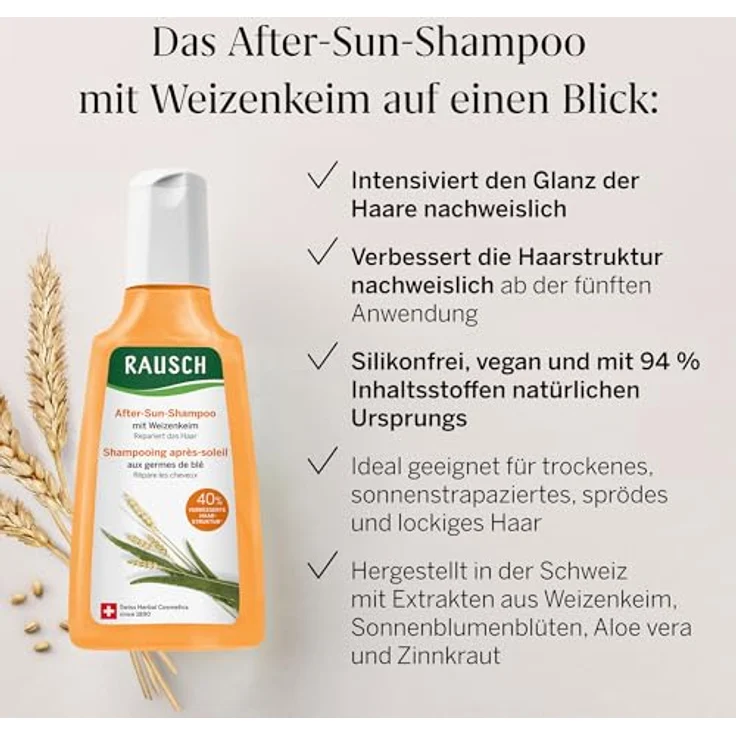 RAUSCH After Sun Shampoo 200 ml, veganes Shampoo mit Weizenkeim- & Aloe-Vera-Extrakt, sanfte Reinigung nach Sonne, Salz & Chlor, silikonfrei, hergestellt in der Schweiz – Bild 3
