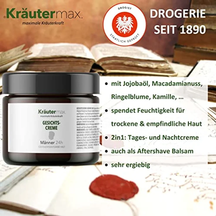 Kräutermax Gesichtscreme Männer Feuchtigkeitscreme für Gesichtspflege auch als After Shave Herren 1 x 100 ml, Trockene Haut mit Jojobaöl, Macadamianussöl, Ringelblume, Kamille und Vitamin E – Bild 5