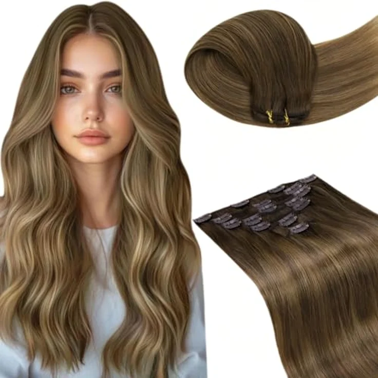 LaaVoo Echthaar Extensions Clip Aschiges Hellbraun mit Beigenuancen, 35cm, 120g, 7 Stück, glattes Remy Echthaar, silikonbeschichtete Clips – Bild 1