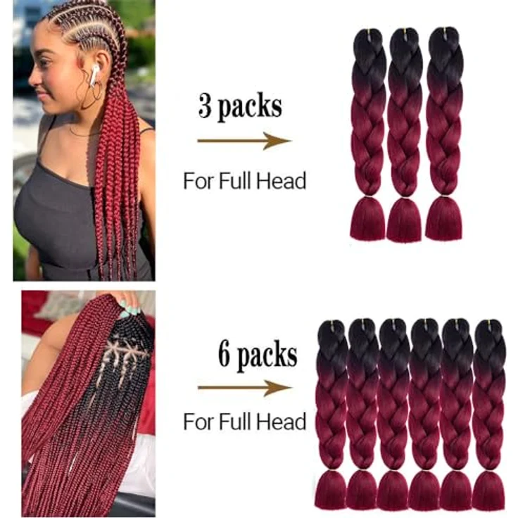 Shangxiu Kunsthaar zum Einflechten, 3 Stück Jumbo Braids in Weinrot, 24" Länge, für Box Braids und Afro Zöpfe – Bild 5