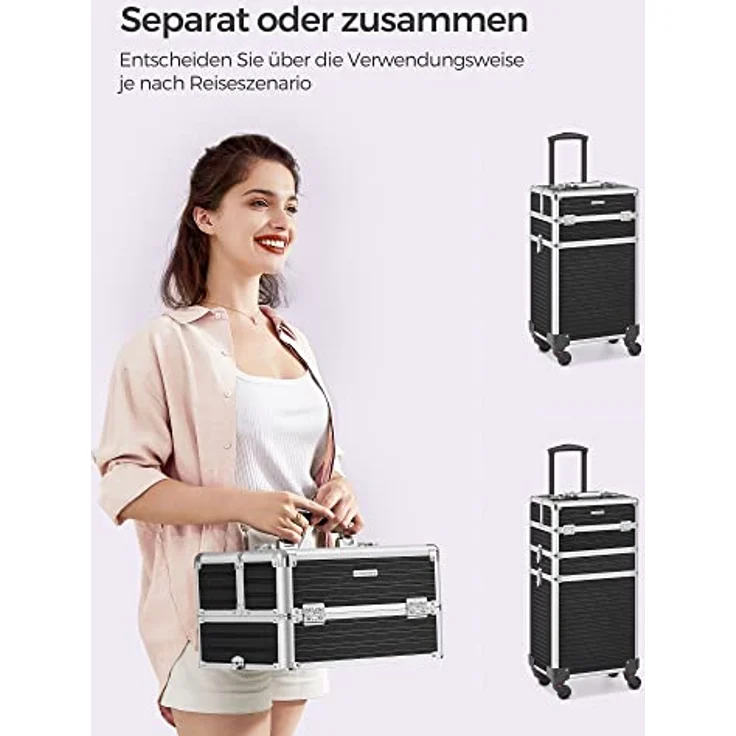 SONGMICS Kosmetikkoffer, Trolley, 4-in-1 Schminkkoffer, extra groß, abschließbar, 360° drehbare Rollen, schwarz – Bild 5