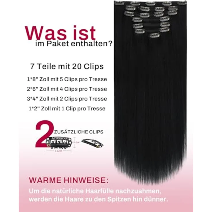 Moresoo Clip in Extensions Echthaar Tiefschwarz, 40 cm, 7 Stück, 120g, unsichtbare Haarverlängerungen für voluminöses Haar – Bild 3