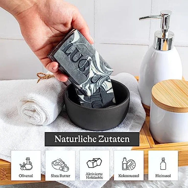 lubiu Schwarze Seife Stück - 100g Aktivkohle Seife ohne Palmöl - Naturseife für alle Hauttypen - Vegane und biologisch abbaubare Dusch- und Handseife – Bild 5