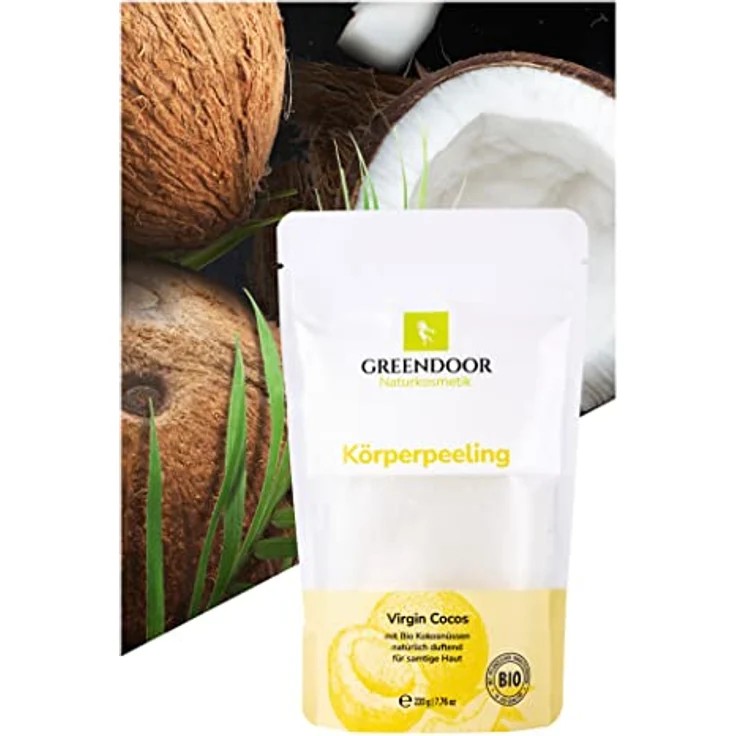 GREENDOOR Körperpeeling Kokosöl VIRGIN 220g, Zuckerpeeling gegen Unreinheiten, Falten, Cellulite – Bild 2