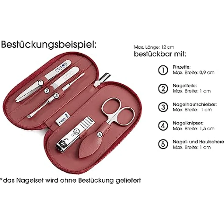 remos professional body care REMOS Nageletui leer aus echtem Leder, Maniküre-Set für 5 Instrumente, Rot/Bordeaux, ideal für Reisen – Bild 5