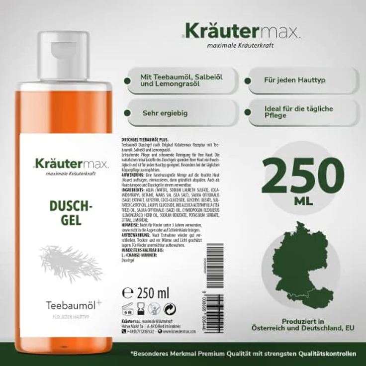Kräutermax. Teebaumöl Duschgel & Shampoo Naturrein mit Teebaum Extrakt, 250 ml - Erfrischende Pflege und schonende Reinigung - Salbeiöl und Lemongrasöl enthalten – Bild 4