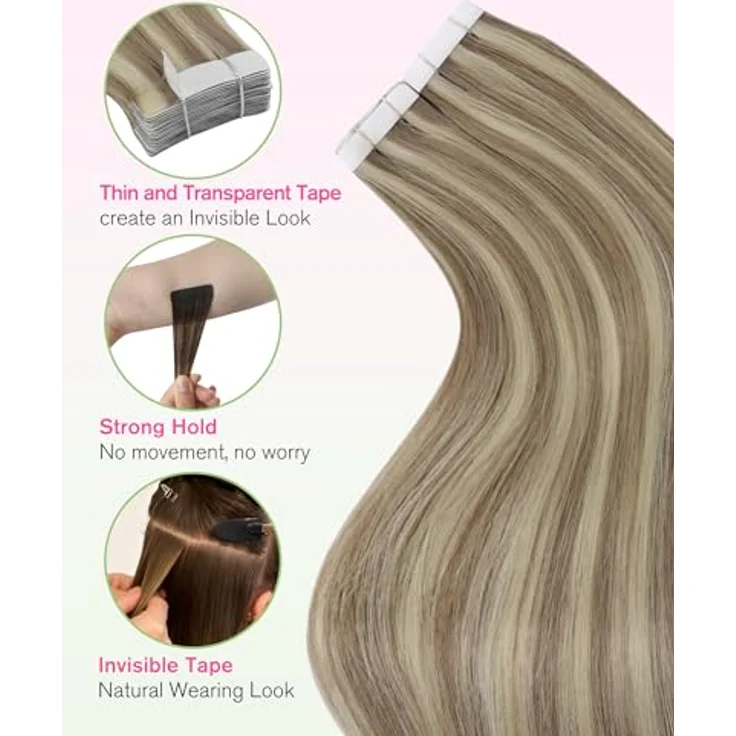 YoungSee Echthaar Extensions Tape Hellbraun, 40cm Tape-in Haarextension aus 100% Echthaar, 50g, glatt, wiederverwendbar – Bild 2