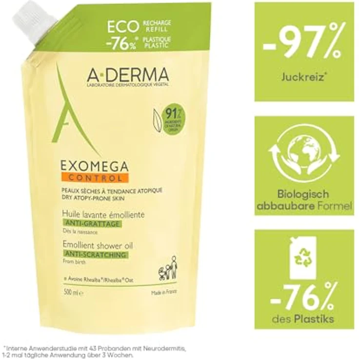A-Derma EXOMEGA CONTROL Duschöl Nachfüllpackung, 500 ml Duschgel - Dermokosmetik aus der Apotheke, hochwertige kosmetische Stoffe, Deutschland – Bild 3