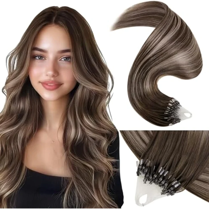 LaaVoo Microring Extensions Echthaar 45cm Remy Ombre Dunkelbraun Dunkel Aschblond, 50g #4/18/4, Kaltfusionsmethode, wiederverwendbar, hitzestyling-fähig – Bild 1