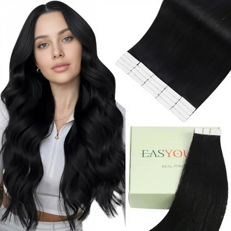 Easyouth Tape Echthaar Extensions, Remy Menschenhaar #1, Schwarz, 35cm, 40g, unsichtbarer Look, leichtes Tragen, inkl. 20 Tapes