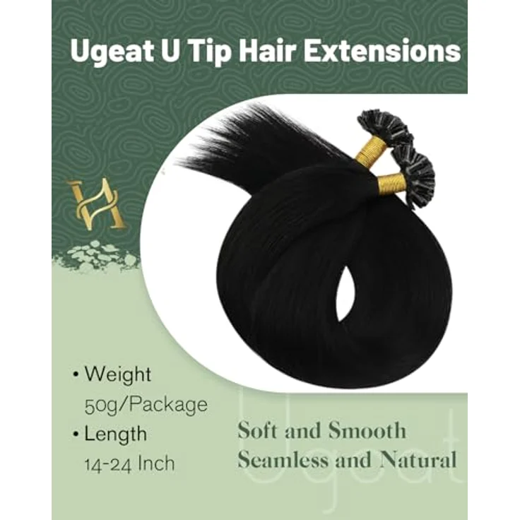 Ugeat Echthaar Extensions Bondings, Schwarz U Tip, 60 cm, 50 g, Remy-Haar für nahtloses Styling – Bild 3