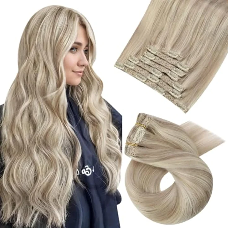 Moresoo Clip in Extensions Echthaar 120g, Aschblond mit 7 Doppel-Tressen, 45cm Remy-Echthaar – Bild 1