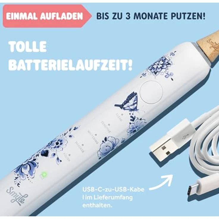 Smyle Sonic Elektrische Zahnbürste, 5 Reinigungsmodi, Drucksensor, Delfter Blau – Bild 3