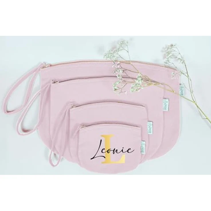 minimutz Schminktasche M, personalisierte Kosmetiktasche für Mädchen in Rosa mit Name und Initiale, 19 x 17 cm, hochwertiger Flexdruck aus 100% Baumwolle – Bild 2