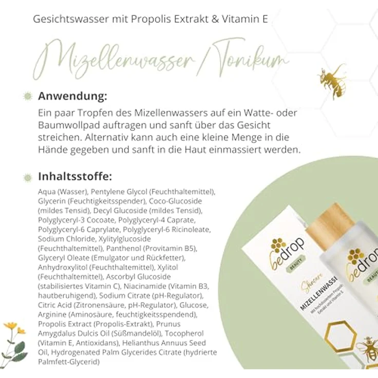 bedrop Mizellenwasser Tonikum Gesichtswasser mit Propolis Extrakt & Vitamin E - gegen unreine Haut & Verfeinerung des Hautbildes, Gesichtsreinigung für jeden Hauttyp - (3x 150ml Sparset) – Bild 5