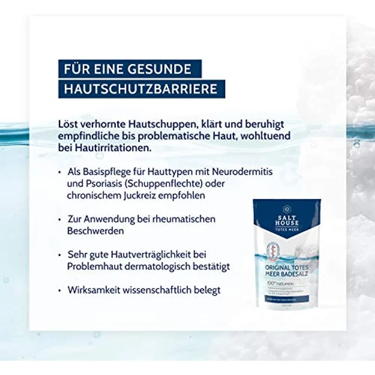 SALTHOUSE® Original Totes Meer Therapie Badesalz PUR 8er-Pack I Löst Hautschuppen I Bindet Feuchtigkeit I Reich an Mineralsalzen I vegan I Hautverträglichkeit dermatologisch bestätigt (8x500 g) - Preisvergleich – Bild 4