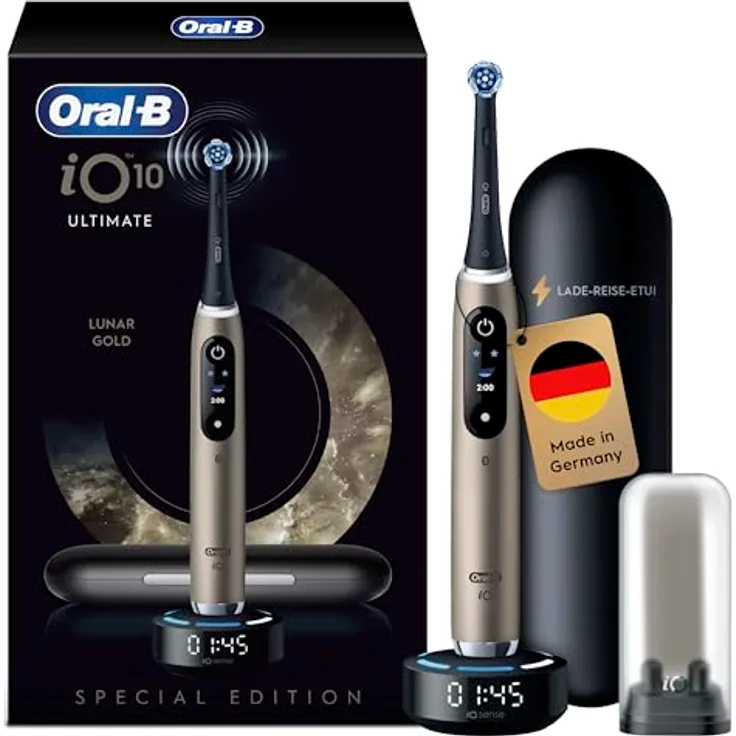 Oral-B iO Series 10, Elektrische Zahnbürste mit iO Sense Schnellladestation, 7 Putzmodi, einschließlich 1 Aufsteckbürste und Lade-Reise-Etui, Lunar Gold