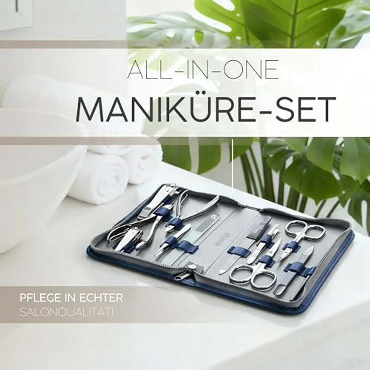 marQus Solingen Maniküre Pediküre Set, 12-teiliges Komplett Kit in blau mit Echtleder Etui für Hand- und Fußpflege – Bild 2