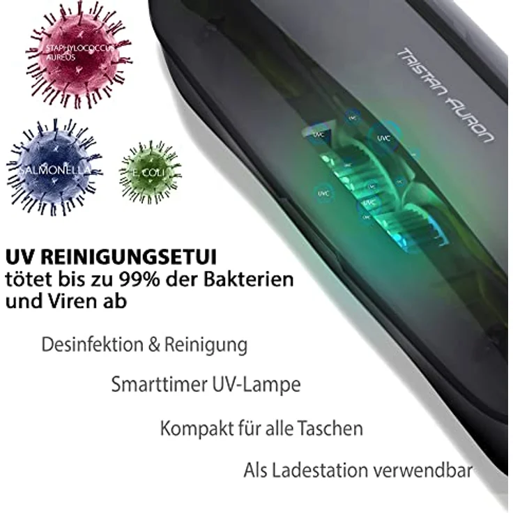 Tristan Auron Schallzahnbürste Business Class – Kompakte Schallzahnbürste mit UV-Box & 2 Bürstenköpfen – leise & wasserfest – für Reisen, Büro oder zuhause (Blau) – Bild 3