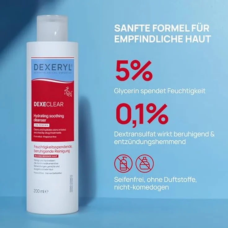 DEXERYL DEXECLEAR, Feuchtigkeitsspendende seifenfreie Gesichtsreinigung für akneanfällige Haut mit 5% Glycerin und 0,1% Dextransulfat, 200 ml – Bild 5