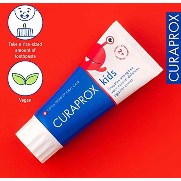 Curaprox Kids Erdbeere, Zahnpasta für Kinder von 2-6 Jahren mit Erdbeergeschmack und 950 ppm Fluorid, RDA 40, Rot, 60 ml – Bild 4