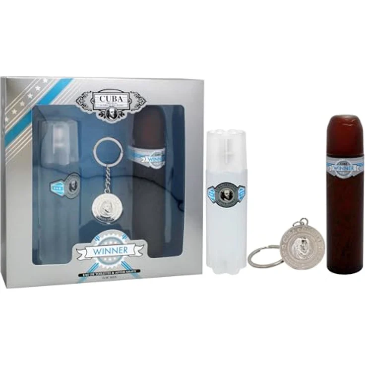 Cuba Cuba Winner 3-teiliges Herren Geschenkset, 100 ml EDT Spray, 100 ml After Shave, mit Schlüsselkette, holziger Duft – Bild 3