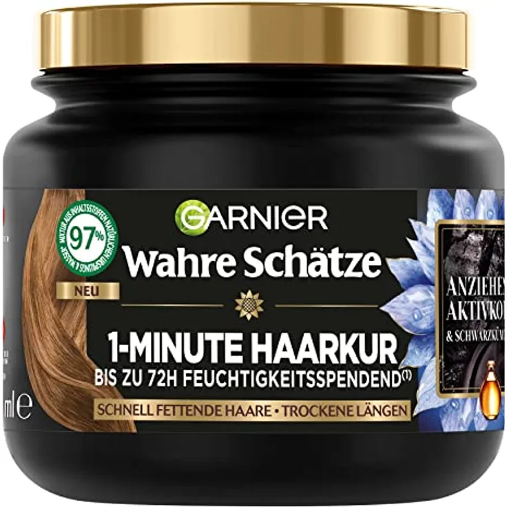 Garnier Wahre Schätze Ausgleichende Charcoal Haarmaske, Haarkur für Schnell Fettende Kopfhaut und Trockene Haarlängen, Aktivkohle und Schwarzkümmelöl, 340 ml (1er Pack)