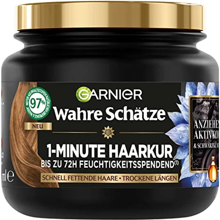 Garnier Wahre Schätze Ausgleichende Charcoal Haarmaske, Haarkur für Schnell Fettende Kopfhaut und Trockene Haarlängen, Aktivkohle und Schwarzkümmelöl, 340 ml (1er Pack) – Bild 1