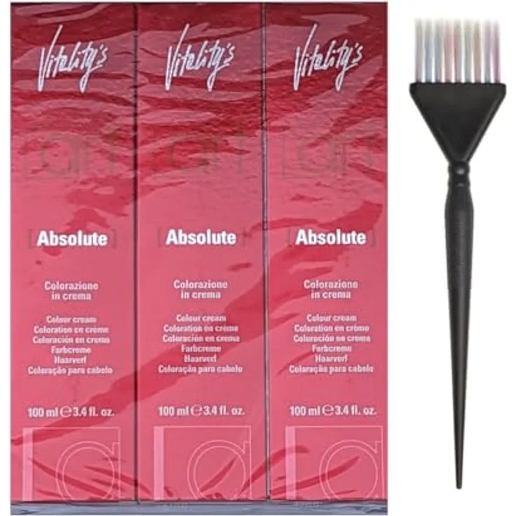 Hair Haus Vitality´s Art Absolute Haarfarbe 3x 100ml, geringer Ammoniak-Gehalt, strahlender Glanz, perfekte Grauabdeckung (6-1) + Färbepinsel spezial