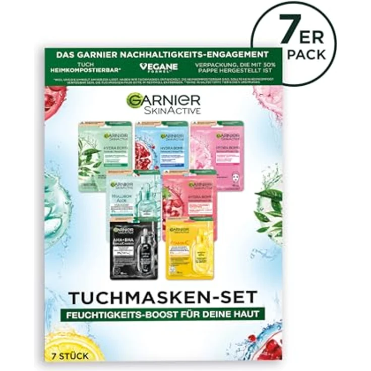 Garnier Tuchmasken Set, 7 Gesichtsmasken für jeden Hauttyp, vegane Formel mit Hyaluronsäure, inklusive Hydra Bomb und Nutri Bomb Masken, 7 x 28 g – Bild 4