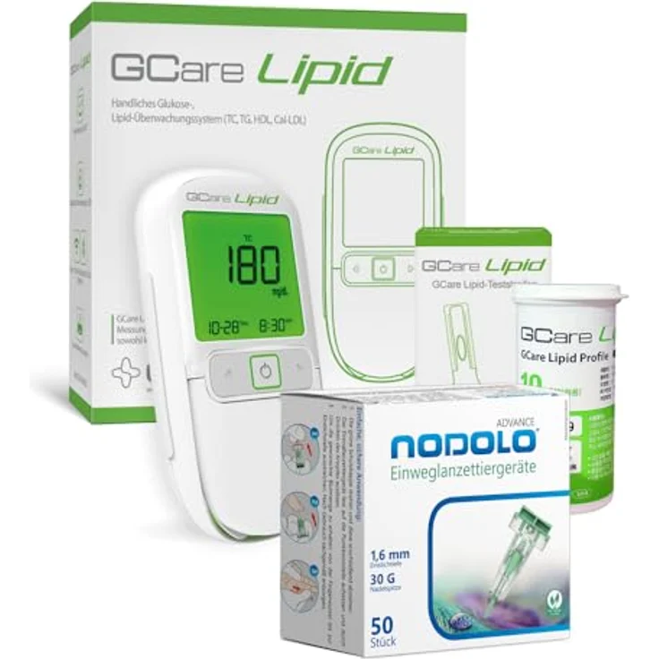 GCare LIPID Cholesterin Messgerät, Blutfett Messsystem für Zuhause mit 10 Teststreifen und 50 Stechhilfen, präzise Ergebnisse für Gesamtcholesterin und Triglyceride – Bild 1