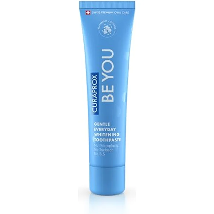 Curaprox Be You Brombeere Whitening-Zahnpasta mit Geschmack von Brombeere und Süßholz, mit Menthol, vegan, 950 ppm Fluorid, RDA 50, blau, 60 ml – Bild 1
