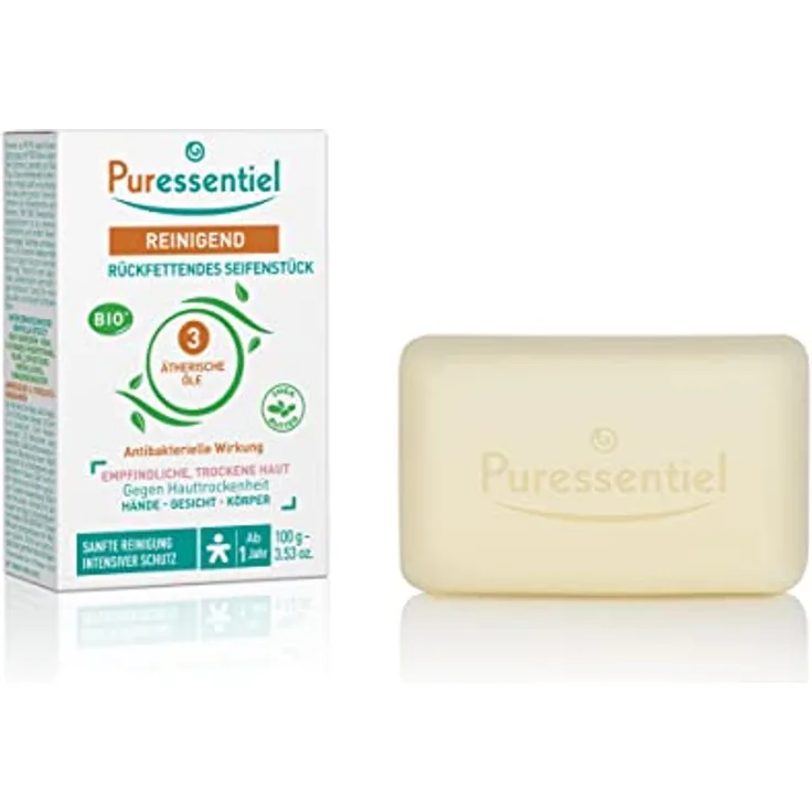 Puressentiel - Reinigend - Rückfettende Seife mit 3 ätherischen Ölen BIO - Gesicht, Hände und Körper - Trockene, empfindliche und reaktive Haut - Reinigt und Schützt - 100g