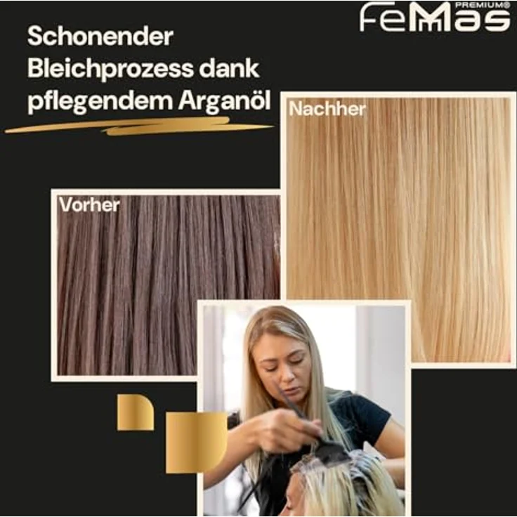 FemMas Blondier-Set 12%, Blaues Blondierpulver 500g & Oxycreme Entwickler 1000ml, Aufhellung um bis zu 9 Tonstufen in Salon-Qualität – Bild 5