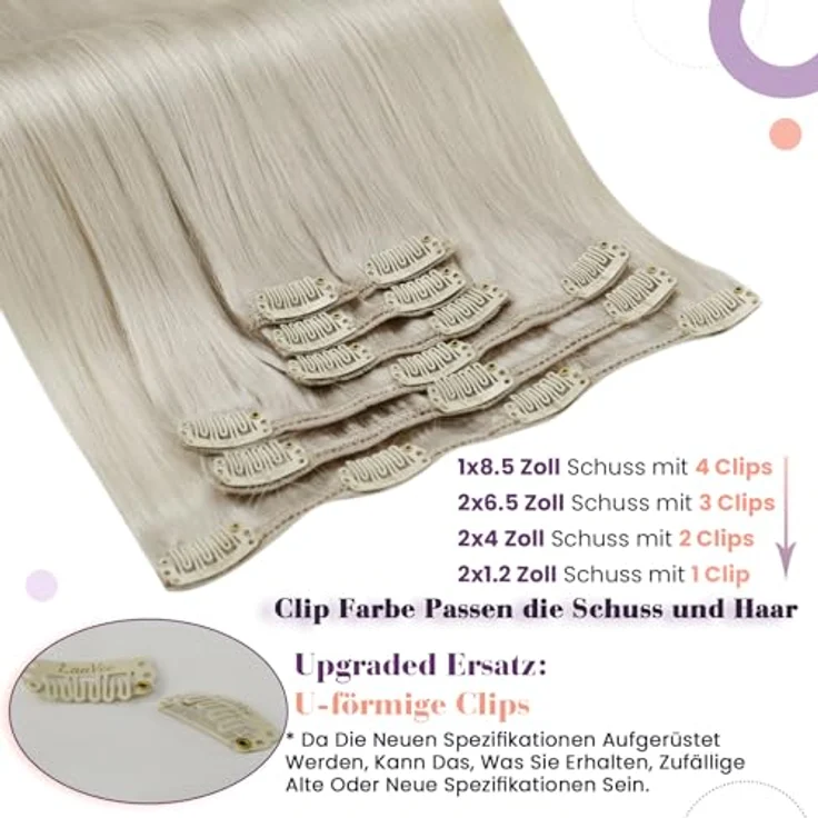 LaaVoo Echthaar Clip in Extensions, Platinblond, 7 Stück, 105g, 45cm, Doppel-Tressen für Volumen – Bild 2