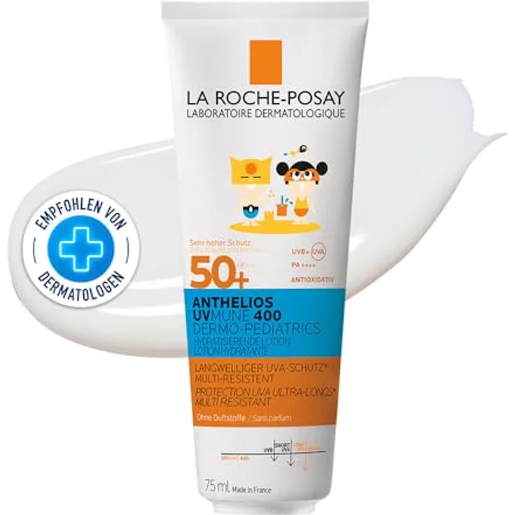 La Roche-Posay UVMune400 Kids, Anthelios DP Sonnenmilch LSF 50+, 75 ml, für atopische, empfindliche Haut, mit Mexoryl 400 und Antioxidantien