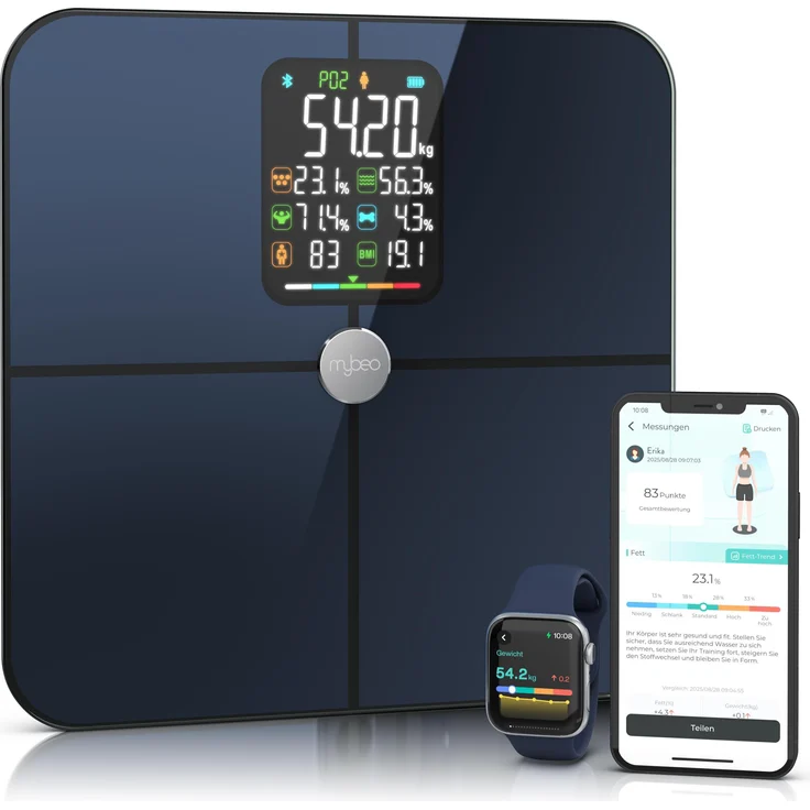Mybeo Körperanalysewaage mit Bluetooth, 180 kg Tragfähigkeit, misst BMI, Körperfett und Muskelmasse, mehrere Benutzerprofile, LCD-Display